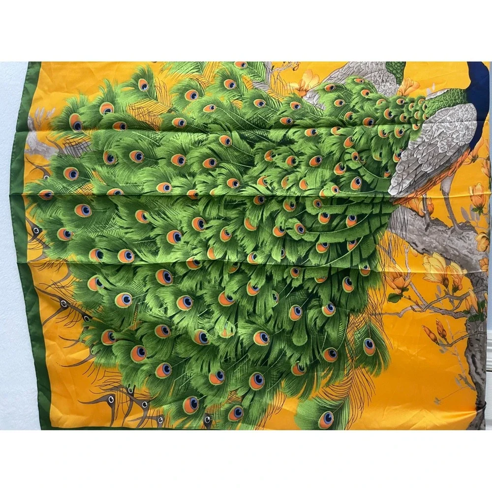 Large Peacock Floral Square Scarf Orange Green Satin Bird Print Boho Luxury
